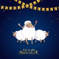 Eid-Al-Adha Mubarak Greeting Card or Poster Design with Cheerful Three Sheep Characters and Buntings Decorated on Glos