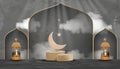 Eid al Adha Mubarak greeting design with Crescent Moon and Star hanging on 3D podium on grey cement background.Vector Backdrop of