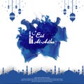 Eid al Adha Mubarak islamic greeting card design. abstract blue watercolor design with dome mosque ornament and hanging lantern el