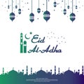 Eid al Adha Mubarak islamic greeting card design with dome mosque and hanging lantern element in paper cut style. background Vecto Royalty Free Stock Photo