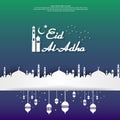 Eid al Adha Mubarak islamic greeting card design with dome mosque and hanging lantern element in paper cut style. background Vecto Royalty Free Stock Photo