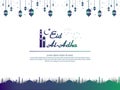 Eid al Adha Mubarak islamic greeting card design with dome mosque and hanging lantern element in paper cut style. background Vecto