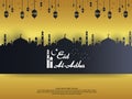 Eid al Adha Mubarak islamic greeting card design with dome mosque and hanging lantern element in paper cut style. background Vecto Royalty Free Stock Photo