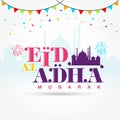 Eid al Adha mubarak logotype with mosque, confetti as background