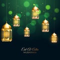 Eid-Al-Adha Mubarak Poster Design with Golden Arabic Lamps Hang Decorated on Green Boke