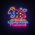 Eid Al Adha Mubarak Vector illustration for the celebration of Muslim community festival. Neon Style, Eid al-Adha. the