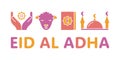 Eid Al Adha. Multicolor horizontal banner. Muslim religious holiday. Cutout silhouette illustration of islamic icons, lettering.