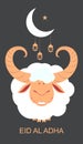 Eid al Adha template greeting card Feast of Sacrifice. Sacrificial animal ram, crescent moon and lantern on night sky