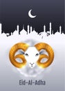 Eid al Adha text greeting card. Gold ram head of sheep