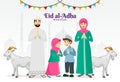 Eid al Adha greeting card. cartoon muslim family celebrating Eid al Adha with goats and mosque as background