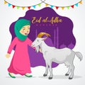 Eid al Adha greeting card. Cute cartoon muslim girl holding a goat for sacrifice with mosque as background