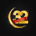 Eid al Adha 32 years anniversary.Pattern with arabic golden, gold half moon and glitter.