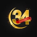 Eid al Adha 34 years anniversary.Pattern with arabic golden, gold half moon and glitter.