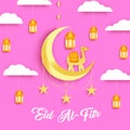 Eid al-fitr background decorated with crescent moon, camel, clouds, and lantern. Minimal composition in paper cur style. islamic
