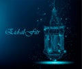 Eid Al Fitr beautiful greeting card with traditional Arabic lantern. Polygonal art on blue background. Royalty Free Stock Photo