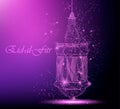 Eid Al Fitr beautiful greeting card with traditional Arabic lantern. Polygonal art on purple background. Royalty Free Stock Photo