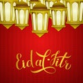 Eid al-Fitr calligraphy lettering and lanterns on red Arabic pattern background. Islamic traditional festival of breaking the fast