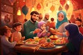 Eid al-Fitr Feast. Illustrate a happy amily gathering for a festive meal after the month of Ramadan in cartoon style