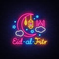 Eid-Al-Fitr festive card design template in modern trend style. Neon style, Islamic and Arabic background for the