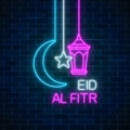 Eid al fitr greeting card with with fanus lantern, star and crescent. Glowing neon ramadan holy month sign