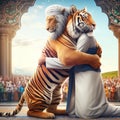Eid-Al-Fitr Greeting Harmony: White Lion and Royal Bengal Tiger Embrace