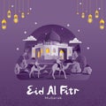 Eid Al Fitr Greetings card with people ride camel to mosque background Royalty Free Stock Photo