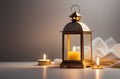 holy month of Ramadan, Laylat al-Qadr, Arab lantern fanus, candles, pastel shades, light background Royalty Free Stock Photo