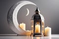 holy month of Ramadan, Laylat al-Qadr, Arab lantern fanus, silver crescent, candles, light shades, gray background