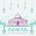 Eid Al Fitr Islamic Greeting with Mosque, Ketupat and lamp Hand Drawn Style