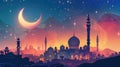 Eid al Fitr, Laylat al-Qadr, Eid Mubarak, silhouette of a mosque in the desert against the night sky, Royalty Free Stock Photo