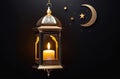Laylat al-Qadr, holy month of Ramadan,hanging Arabic lantern fanus, candles, golden crescent and stars, magical