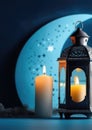 Laylat al-Qadr, holy month of Ramadan, Arab lantern fanus, candles, crescent moon and stars, magical atmosphere, blue