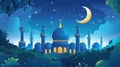 Eid al Fitr, Laylat al-Qadr, Eid Mubarak, mosque against the night sky, bright crescent and stars, Royalty Free Stock Photo