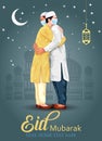 Eid-Al-Fitr Mubarak poster or banner design with illustration of young men hugging each other in occasion of Islamic Festival Eid