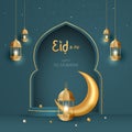 Eid Al Fitr mubarak square banner with 3D ellements illustration