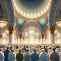 The Eid al-Fitr prayer, with the serenity of the mosque, anime art, blessings of Ramadan, joy of Eid