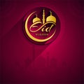 Eid Mubarak Golden English Calligraphy Text on Dark Purple Background with Moon, Masjid, Long Shadow, 3D look and Mandala