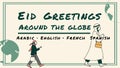 Eid greetings globe, multilingual wishes and global celebration vector design Generative AI