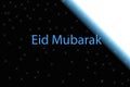 Eid or Idd mubarak written on blue & black background with moon and star shape.