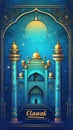 eid mubarak eid al adha greeting card with mosque image and blue tone