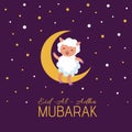 Eid mubarak arabian festival vector poster with cute cartoon sheep
