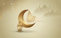 Eid mubarak arabic calligraphy greeting design islamic line mosque dome with crescent moon, lantern and classic pattern