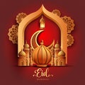 eid mubarak art greetings with golden mosque and red background. abstract vector illustration design Royalty Free Stock Photo