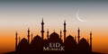 Eid Mubarak background with illustration of Mosque Masjid and moon for header banner.
