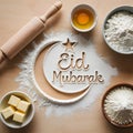 Eid Mubarak baking background with crescent moon and star made from flour and ingredients Royalty Free Stock Photo