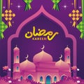 Eid Mubarak banners design with mosque and natural element on night purple scene. Royalty Free Stock Photo