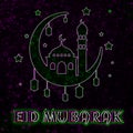 Eid Mubarak Beautiful Mosque And Star Neon Colored Islamic Celebration Greeting Card With Colourful Background. Royalty Free Stock Photo