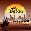 Eid Mubarak and arabian traveller on camel islamic illustration