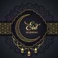 Eid Mubarak Black Background Vector Greeting Wallpaper with Beautiful Mandala Art Royalty Free Stock Photo