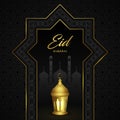 Eid Mubarak Black color Background Greeting Design Wallpaper with Beautiful Masjid, Masjid Gate, Golden Islamic Lantern Lamp and A